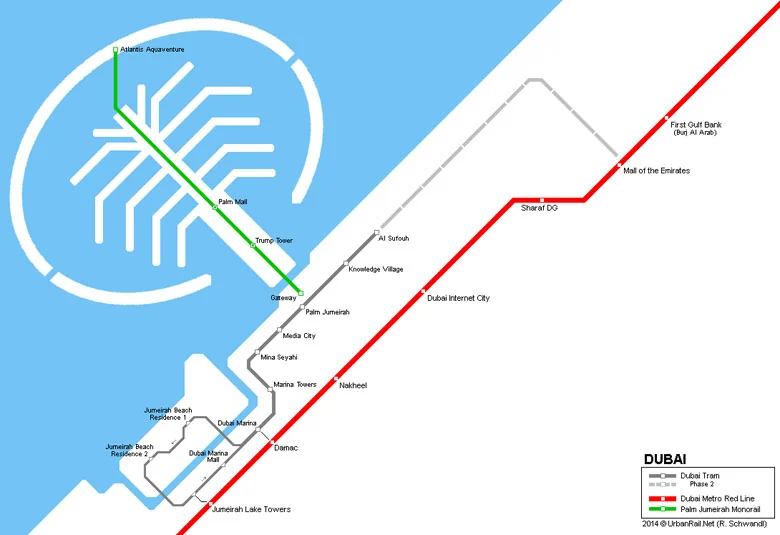 Mapa tranvía de Dubai. Transporte público Dubái