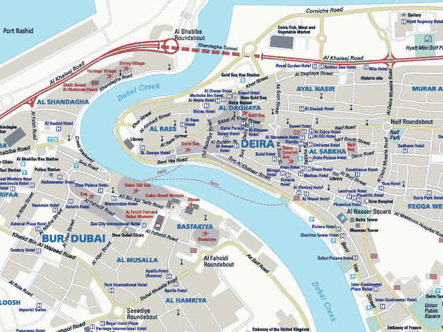 Mapa abra río creek de Dubái. Transporte público de Dubái